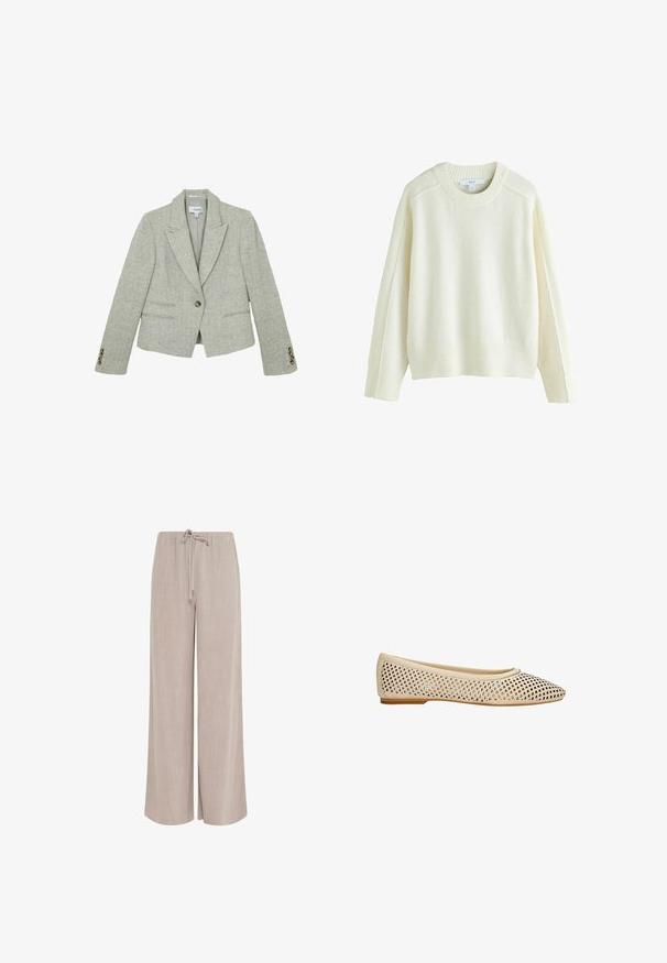 Blazer gris clair à motif chevrons avec revers crantés, fermeture par un bouton marron, deux poches avant et détails de boutons aux poignets.; Pull en maille crème avec poignets et ourlet côtelés, présentant un col rond et une coupe décontractée. Texture douce, design minimaliste, sans motifs.; Pantalon large en lin beige avec taille élastique et cordon de serrage à l'avant, conçu pour une coupe décontractée et un port casual.; Ballerines perforées beiges avec un bout pointu et une semelle plate. Présentant un design découpé délicat et une finition lisse. Adaptées pour une tenue décontractée.