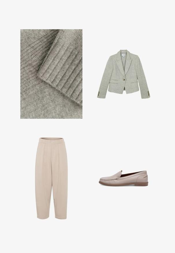 Blazer gris claro con patrón de espiga, solapas con muesca, cierre con un botón marrón, dos bolsillos delanteros y detalles con botones en los puños.; Tejido de punto gris suave con textura acanalada, que presenta secciones superpuestas, una lisa y otra con un patrón diagonal.; Pantalones beiges de longitud media, confeccionados en una tela suave. Tienen una cinturilla ancha, pliegues en el frente y piernas ajustadas con dobladillos enrollados.; Mocasines de cuero beige claro con forma cónica, detalles cosidos a lo largo de la parte superior y una suela baja marrón. Diseño minimalista sin adornos.