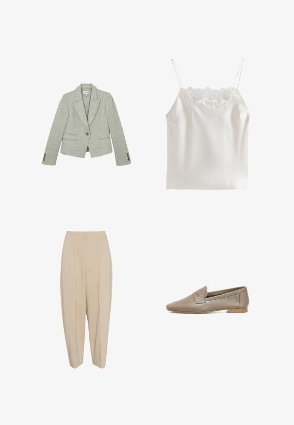 Hellgrauer Fischgrät-Blazer mit Kerbkragen, ein brauner Knopf zum Schließen, zwei Vordertaschen und Knopfdetails an den Manschetten.; Weiße Satin-Camisole mit dünnen Trägern und floraler Spitzenverzierung entlang des quadratischen Ausschnitts.; Beige maßgeschneiderte Hose mit hoher Taille, gefaltetem Vorderteil und schmal zulaufendem Bein. Der Stoff wirkt glatt mit einem dezenten Glanz. Keine sichtbaren Taschen.; Beige Leder Mokassins mit strukturierter Oberfläche, flachem Absatz und runder Zehenpartie. Enthält eine dekorative Faltnaht auf dem Blatt.