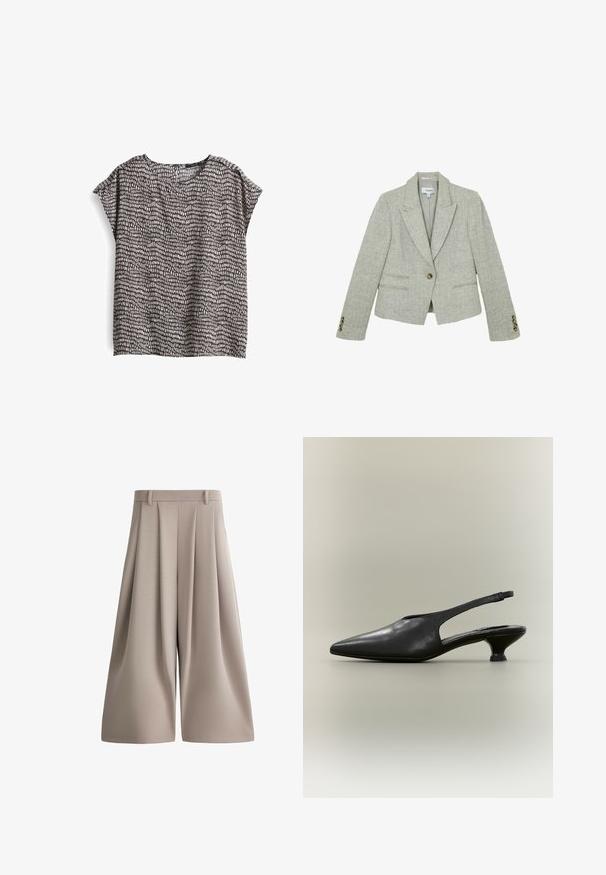Blazer gris clair à motif chevrons avec revers crantés, fermeture par un bouton marron, deux poches avant et détails de boutons aux poignets.; Blouse à manches courtes, ample, en gris foncé avec un imprimé abstrait blanc. Tissu doux, encolure arrondie et fentes latérales au bas.; Pantalon beige taille haute, jambes larges, court, avec plis devant, passants de ceinture et texture de tissu lisse.; Chaussure à bride arrière en cuir noir avec bout pointu et petit talon bas sur fond neutre.