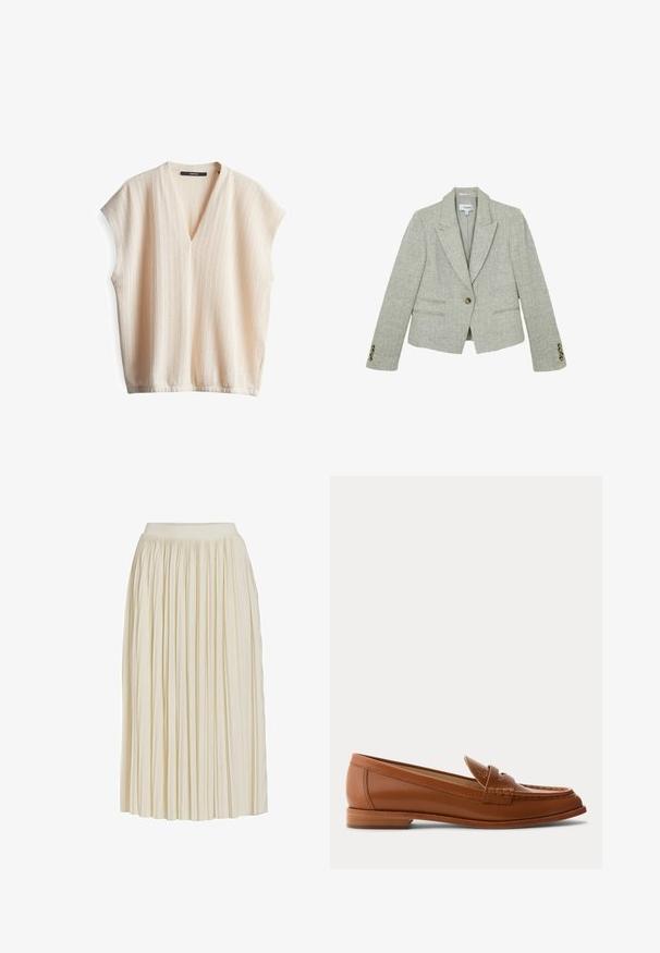 Lichtgrijze blazer met visgraatmotief, met inkeping revers, enkele bruine knoopsluiting, twee voorzakken en knoopdetails aan de manchetten.; Licht beige kortemouw shirt met een V-hals, met een gestructureerde stof en subtiele verticale strepen. Zacht, ademend materiaal, relaxte pasvorm.; Crèmekleurige midi-rok met smalle verticale plooien en een aansluitende tailleband, weergegeven op een effen witte achtergrond.; Bruine leren loafer met lage houten hak, klassieke pennyriem en gestikte details langs de neus en zijkanten.