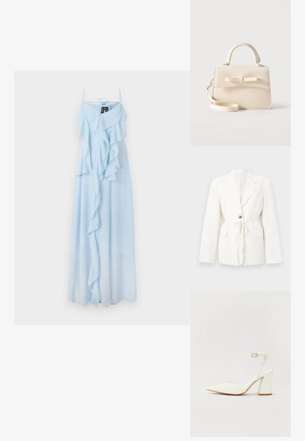 Witte op maat gemaakte blazer met inkeping revers, één bruine knoop, ceintuur met strik in de taille en klepzakken aan beide zijden.; Lichtblauwe maxi-jurk met dunne bandjes, een gelaagde ruffle-design bij de bustel en een luchtige stof die doorloopt tot de zoom.; Witte hakken sandaal met een puntige neus, verstelbaar enkelbandje en een stevige vierkante hak. Gladde textuur met minimale stiksels.; Kleine beige handtas met bovenhandvat, afneembare riem, voorflap en decoratieve horizontale strik op een effen achtergrond.