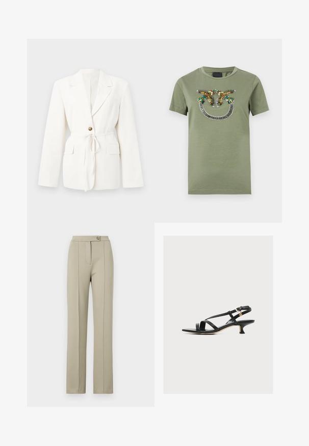 Witte op maat gemaakte blazer met inkeping revers, één bruine knoop, ceintuur met strik in de taille en klepzakken aan beide zijden.; Olijfgroene T-shirt met korte mouwen en een kralenontwerp van twee kleurrijke vogels die elkaar aankijken boven een gebogen lijn.; Beige op maat gemaakte broek met een rechte pasvorm, voorzien van een ritssluiting aan de voorkant, een enkele knoopsluiting en subtiele persplooien langs de voorkanten van de broekspijpen.; Zwarte leren damessandaal met dunne gekruiste bandjes, lage kittenhak en een kleine gouden gesp aan het enkelbandje.