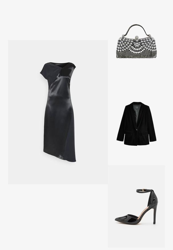 Sort velour blazer med sjalskrave, enkelt knaplukning og to frontlommer. Har en glat tekstur og skræddersyet pasform.; Calvin Klein NAIA SHINE MIDI DRESS - Cocktailkjole / festkjole - black; Sorte patentlæder højhælede sko med spids tå, ankelrem og slank stiletthæl. Glat tekstur med skinnende finish.; Sort aftentaske prydet med sølv-rhinsten i blomster- og geometriske mønstre, med en lille hank og en rhinsten-lukning.