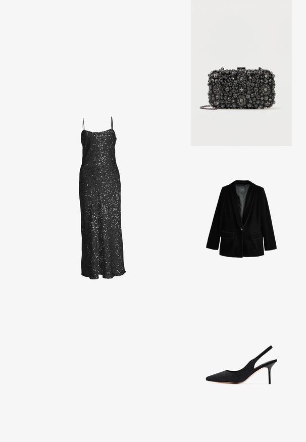 Sort velour blazer med sjalskrave, enkelt knaplukning og to frontlommer. Har en glat tekstur og skræddersyet pasform.; True Decadence SEQUIN MIDI SLIP - Cocktailkjole / festkjole - black sequin; Sort slingback pumpe med spids tå, prydet med rhinsten. Har et strømlinet design, høj stilettosandalhæl og en glat indvendig foring.; Sort clutch-taske prydet med varierede størrelser af runde og ovale rhinesten, med en sølvfarvet kædetraspe og en låsemekanisme.