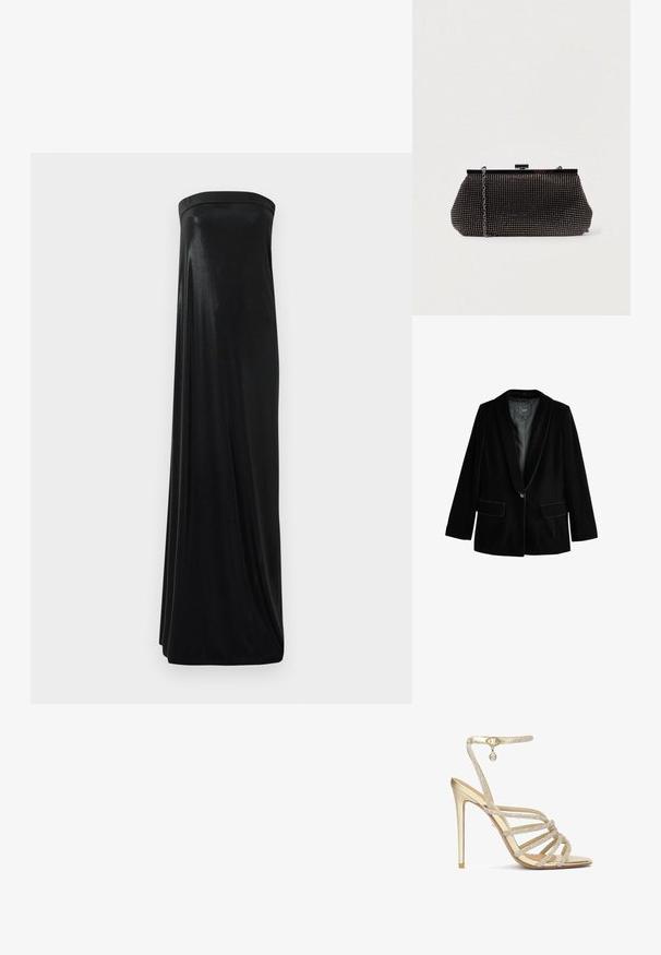 Sort velour blazer med sjalskrave, enkelt knaplukning og to frontlommer. Har en glat tekstur og skræddersyet pasform.; Sort stropløs maxikjole lavet af glat, skinnende stof. Har en tætsiddende bodice og en svungende silhuet, der når gulvet uden udsmykninger.; Guld højhælede sandaler med flere krystalbesatte stropper og en ankelrem, med en glat metallisk finish og en spids tå.; Sort mesh clutch-taske med en struktureret silhuet, prydet med små metalstuds, har en låsemekanisme og en aftagelig kæderekke.