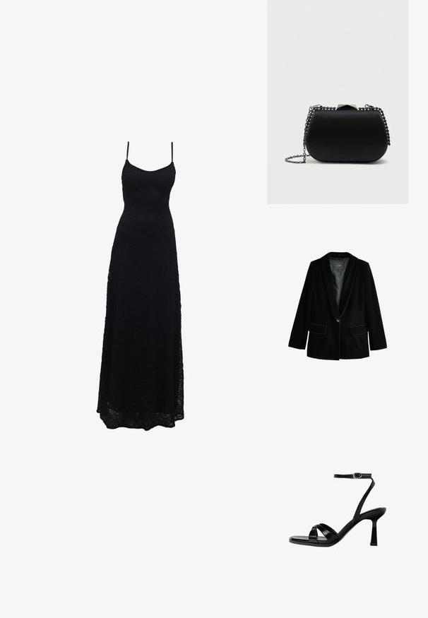 Schwarzer Samtblazer mit Schalkragen, einreihiger Knopfschluss und zwei vorderen Taschen. Verfügt über eine glatte Textur und einen maßgeschneiderten Schnitt.; Schwarzes Maxikleid aus Spitze mit dünnen Spaghettiträgern, tailliertem Oberteil, weiter Rock und kunstvollem Spitzenmuster im gesamten Stoff.; Schwarze, geschnürte Sandalette mit Absatz und quadratischer Zehenpartie. Verfügt über einen dünnen Knöchelriemen, glänzendes Leder und einen Stöckelabsatz.; Schwarze Clutch mit einer glatten, matten Oberfläche, runder Form und einem silbernen Kettenriemen. Mit einem geometrischen Verschlussdetail oben.