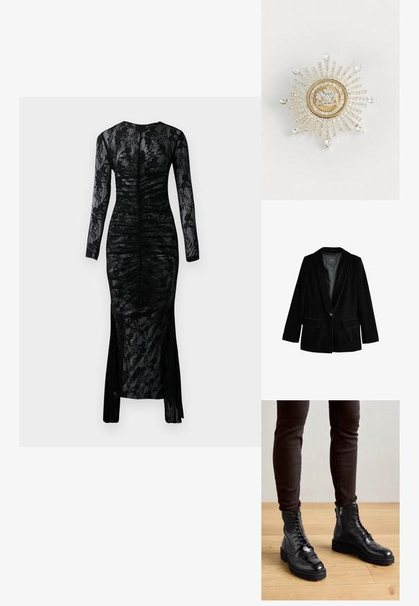 Zwarte fluwelen blazer met een sjalkraag, sluiting met één knoop en twee voorzakken. Heeft een gladde textuur en een getailleerde pasvorm.; Zwart langarmige jurk met een getailleerde silhoutte, gerimpeld materiaal en een bloemenkant overlay. Heeft een split aan de onderkant voor extra detail.; Zwarte leren enkellaarsjes met brogue-details, een vetersluiting aan de voorkant, ritsen aan de zijkant en gestructureerde rubberen zolen. Gecombineerd met donkere slim-fit broek.; Gouden en zilveren broche in de vorm van een zonnestraal, met een centrale heldere edelsteen en stralende rijen van kleine heldere kristallen, met druppelaccenten.