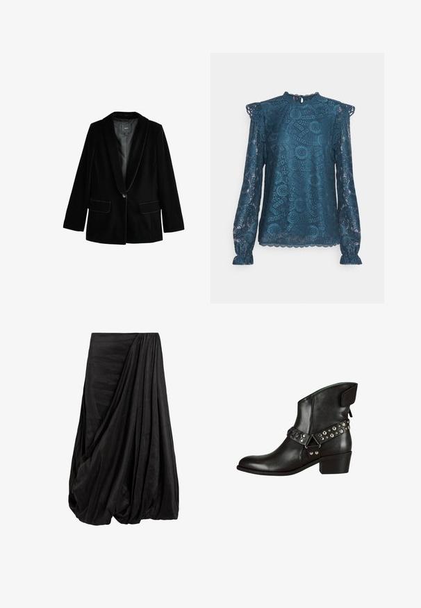 Blazer en velours noir avec col châle, fermeture à un bouton et deux poches avant. Caractérisé par une texture lisse et une coupe ajustée.; PIECES Tall PCOLLINE - Blouse - reflecting pond; Jupe drapée noire en tissu doux, présentant des plis intricats et une silhouette fluide avec un détail de taille froncée.; Bottines en cuir noir avec un bout pointu, rehaussées d'études métalliques et d'une sangle décorative. Talon bas et texture lisse.