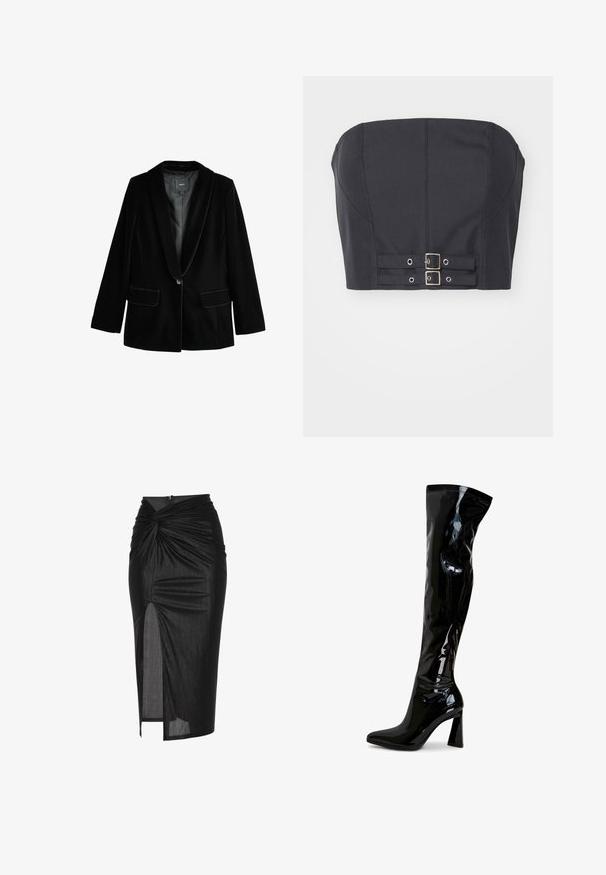 Sort velour blazer med sjalskrave, enkelt knaplukning og to frontlommer. Har en glat tekstur og skræddersyet pasform.; Sort cropped top uden stropper med struktureret bodice, der har syninge og dobbelte metalspænder foran til lukning.; Sort midi nederdel lavet af strækbart stof, med et snoet frontdesign, sideslids og lynlåslukning bagpå.; Sorte laklæderstøvler, der går til låret, med spids snude, firkantet blokhæl og glat, blank tekstur. Ingen synligt hardware.