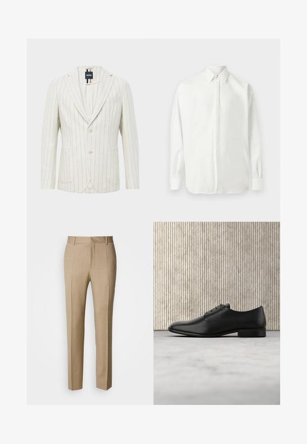 Beige Blazer mit dünnen vertikalen blauen Streifen, zwei Knöpfen, Reverskragen, zwei Fronttaschen, einer Brusttasche und BOSS-Label im Kragen.; Weißes langärmliges Hemd mit Knopfleiste, spitzem Kragen und geknöpften Manschetten, flach liegend auf hellgrauem Hintergrund dargestellt.; Beige maßgeschneiderte Hose mit strukturierter Stoffqualität, flacher Front und geraden Beinen. Verfügt über Seitentaschen und Gürtelschlaufen und bietet einen eleganten Look.; Schwarze Leder-Halbschuh mit schlankem Design, runder Zehenform, fünf Ösen für die Schnürsenkel und einem kleinen, erhöhten Absatz. Dezentes, geprägtes Logodetail.
