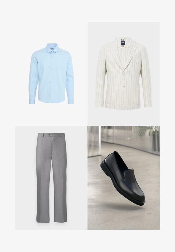 Off-white blazer med tynde lodrette blå striber, to knapper, slagkrave, to forlommer, en brystlomme og BOSS mærke indeni kraven.; Lyseblå langærmet skjorte lavet af bomuld, med et ternet mønster, knaplukning fortil og en standard krave med knapmanchetter.; Grå skræddersyede bukser med bælte-løkker, frontknap og lynlås, med lige ben.; Sorte lædersslip-on sko med rund tå, forhøjet frontpanel og struktureret gummisål, placeret mod en glat gulv.