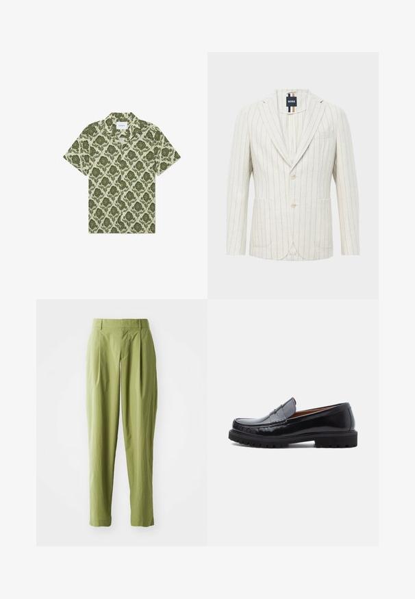 Blazer écru avec de fines rayures verticales bleues, deux boutons, revers, deux poches avant, une poche poitrine et étiquette de marque BOSS à l'intérieur du col.; Chemise à manches courtes avec un motif floral vert sur fond beige clair. Dotée d'un col et d'une étiquette portant la mention "Les Deux."; Pantalons vert clair en tissu texturé, présentant une coupe droite, des plis à l'avant et une taille standard.; Mocassin penny en cuir noir avec semelle en caoutchouc épaisse et couture moc toe, montré de profil sur un fond blanc.