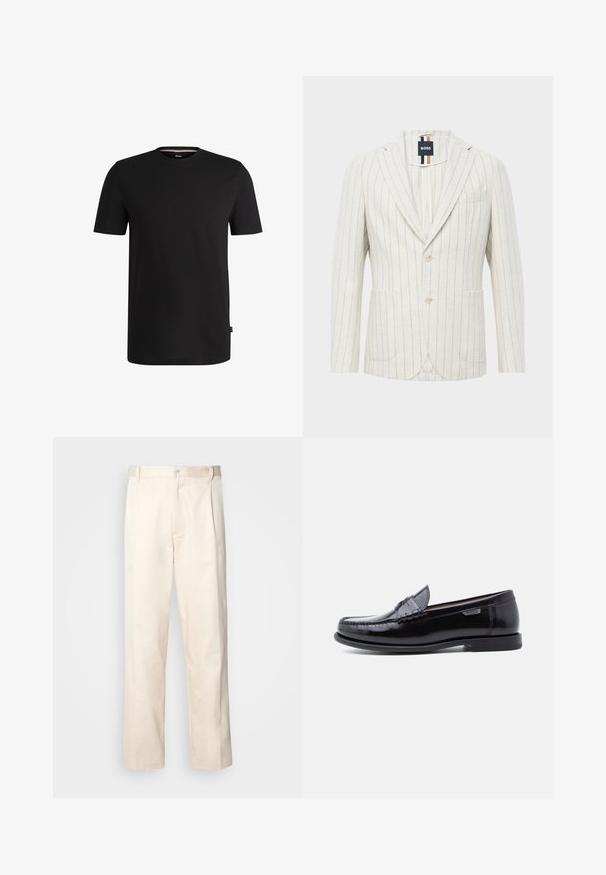 Blazer blanco roto con finas rayas verticales azules, dos botones, solapa con muesca, dos bolsillos frontales, un bolsillo en el pecho y etiqueta de la marca BOSS en el interior del cuello.; Camiseta corta negra de algodón suave con cuello redondo. Presenta una sutil etiqueta de la marca en el lado izquierdo cerca del dobladillo.; Pantalones de algodón beige con corte recto, que cuentan con un cierre de botón y pliegues en la parte frontal para un detalle adicional.; Mocasines de cuero negro con acabado brillante, que presentan un diseño cosido en la puntera y una suela baja de goma negra texturizada.