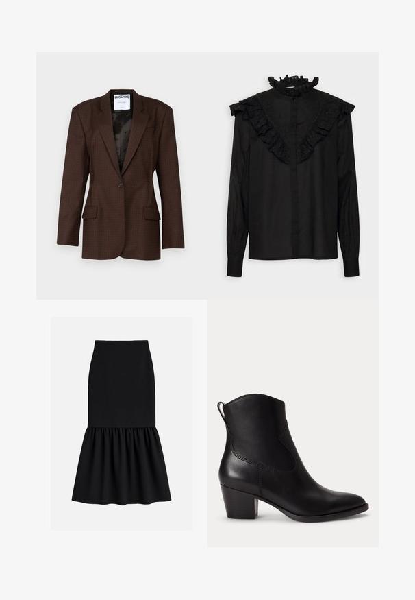 Brun mønstret blazer lavet af tekstureret stof, med en enkelt knaplukning, spidse klapper og to frontlommer. Sort foer synligt.; Sofie Schnoor Skjortebluser - black; Sort midi-nederdel lavet af strækbart stof, med en tætsiddende talje og en udvidet, rynket bund med en glat tekstur.; Sort læder ankelstøvle med lav blokhæle, rundet tå og trækstrop bagpå mod en ens hvid baggrund.