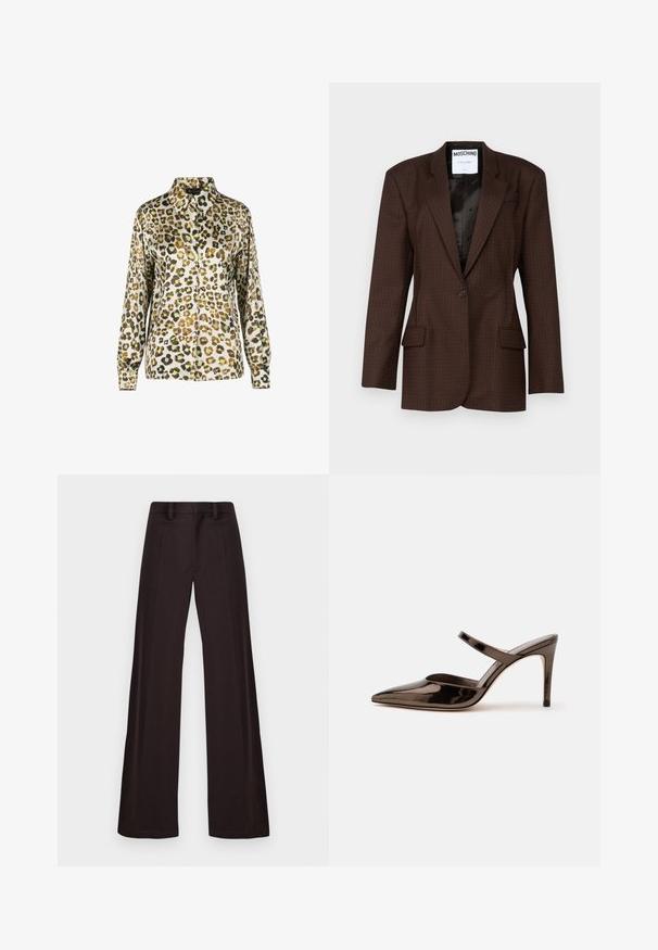 Hnedý patterned blazer vyrobený z textúrovanej tkaniny, s jedným gombíkom na zapínanie, špicatými klopami a dvoma prednými vreckami. Viditeľná čierna podšívka.; Blúzka s leopardím vzorom, s golierom, dlhými rukávmi a zapínaním na gombíky. Tkanina má hladkú, lesklú štruktúru.; Široké nohavice z tmavého materiálu, s hladkou textúrou, pútkami na opasok a predným záhybom, s čistým, bez zdobenia dizajnom.; Lesklý tmavohnedý mule s vysokým podpätkom so špicatou špičkou a úzkym remienkom cez priehlavok na jednoduchej bielej pozadí.