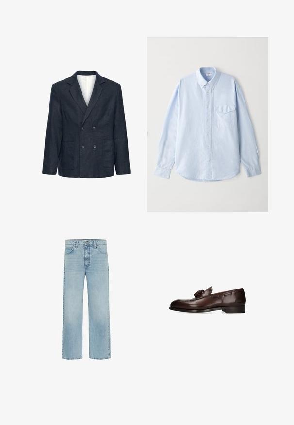 Mørkeblå marineblazer med dobbelt spænde, hakkede revers, fire knapper, to forlommer og en hvid inderforing.; Lyseblå skjorte med knapper lavet af blødt stof, med klassisk krave, lange ærmer og en brystlomme med klap.; Lyseblå straight-leg denimjeans med forlommer og knaplukning, der viser subtil falming og minimal slid.; Mørkebrune herresko i læder med duske, lav hæl og diskrete sømme langs siderne og på tåområdet.