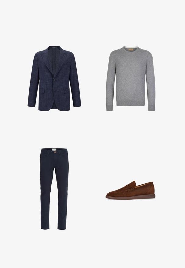 Navyblauer Blazer aus strukturiertem Stoff, mit zwei Fronttaschen, einem Ein-Knopf-Verschluss und einem Reverskragen-Design.; Grauer, langärmeliger Pullover aus weichem Strickmaterial. Rundhalsausschnitt, gerippte Bündchen und Saum, mit einem einfachen und klaren Design.; Marineblaue Hosen aus einem Baumwollmischgewebe. Slim-Fit-Design mit fünf Taschen, einem Knopfverschluss und einer glatten Textur.; Brauner Velours-Slipper mit flacher brauner Sohle und dekorativem Riemen über dem Spann, von der Seite auf weißem Hintergrund dargestellt.