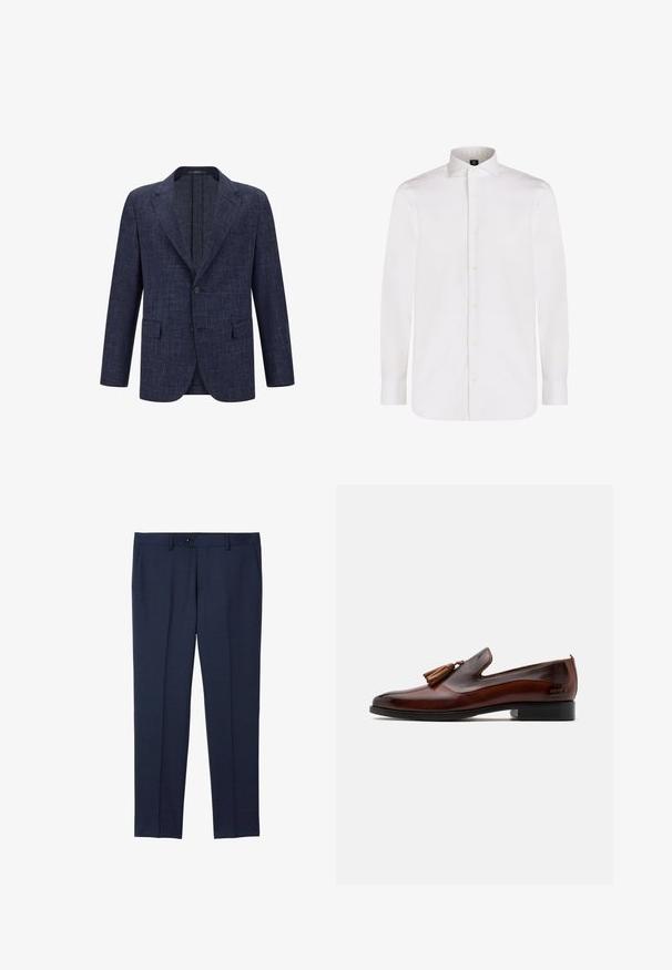 Mørkeblå blazer med tekstureret stof, to forlommer, en enkelt knaplukning og et notch lapel-design.; Hvid langærmet skjorte lavet af glat stof med krave og perlemorsknapper, der har en klassisk pasform og detaljering på manchetterne.; Marine skræddersyede bukser lavet af et glat stof. Har knaplukning, frontlommer og et lige ben design.; Brune læderslippers med en glat overflade, frynsedetalje på foran og en lav sort hæl. Har en elegant, strømlinet silhuet.