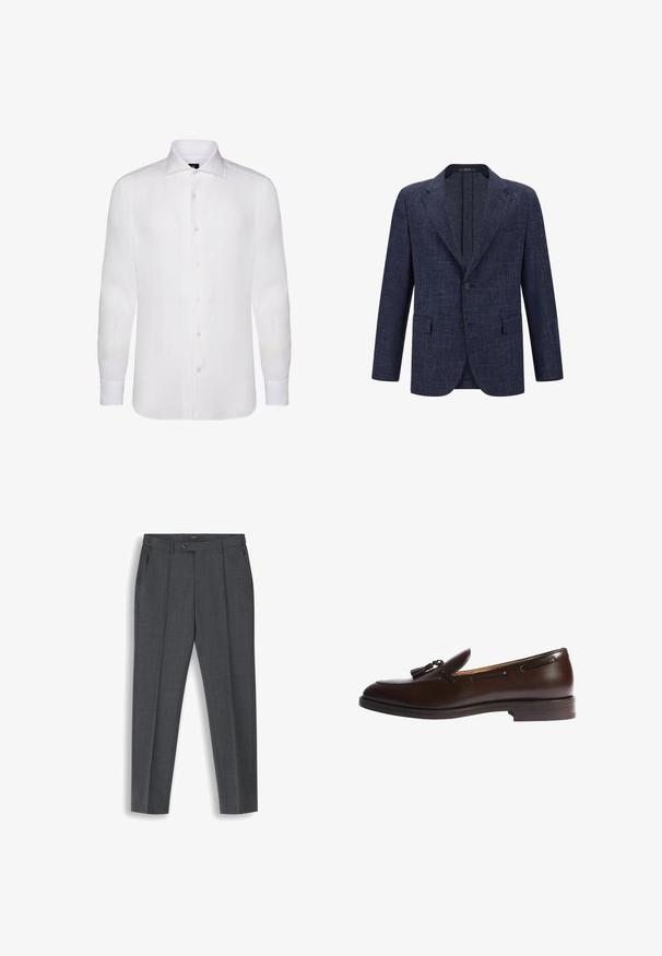 Blazer azul marino con una tela texturizada, dos bolsillos frontales, cierre de un solo botón y diseño de solapa con muesca.; Camisa blanca de manga larga abotonada, hecha de una tela ligera, con un cuello clásico, una textura sutil y seis botones al frente.; Pantalones de hombre a medida de color gris oscuro con pliegues delanteros, presillas para cinturón, bolsillos laterales y cierre de cintura con botón.; Mocasines de cuero marrón con detalle de borlas, punta redondeada, costuras decorativas y suela plana. Textura suave y diseño clásico.