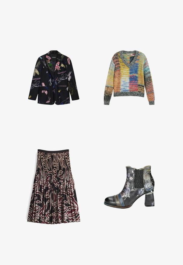Zwarte blazer met kleurrijke abstracte bloemen- en penseelstreekpatronen, twee voorflapzakken en een reverskraag met inkeping.; Kleurrijke gebreide trui met V-hals en lange mouwen, met een patchworkpatroon in gele, blauwe, rode en grijze tinten.; Zwarte rok met een smocktail, met gedurfde bordeauxrode en witte abstracte bladerenpatronen en geplooide stof voor textuur en flow.; Zwarte enkellaars met bloemenpatroon, rekbare zijkant en blokhak. Het heeft meerkleurige strepen en dekoratieve stiksel.