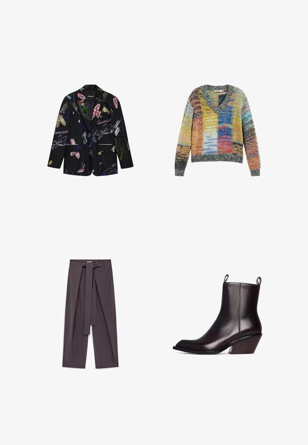 Sort blazer med farverige abstrakte blomster- og penselstrøgsmønstre, to forlommer med klap og en notch reverskrave.; Farverig strikket sweater med V-hals og lange ærmer, med patchwork-mønster i gule, blå, røde og grå nuancer.; Vide bukser i et ensfarvet mørkegråt stof med en frontsløjfedetalje, afslappet pasform og ankellangt snit med en glat tekstur.; Mørkebrun læder ankelstøvle med spids tå, der har en tekstureret træhælt og trækflapper på hver side for nem påtagning.