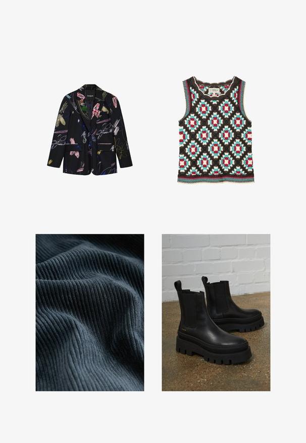 Sort blazer med farverige abstrakte blomster- og penselstrøgsmønstre, to forlommer med klap og en notch reverskrave.; Hæklet ærmeløs vest med diamantmønster i brune, røde, turkise og creme farver, med en rund halsudskæring.; Mørkeblå ribbede stoffer viser lodrette linjer og en blød tekstur, dækket med bløde bølger over overfladen.; Sort læder ankelstøvler med elastiske sidepaneler, tykke sorte platformssåler og syninger, der har en løftesanordning for nem påtagning.