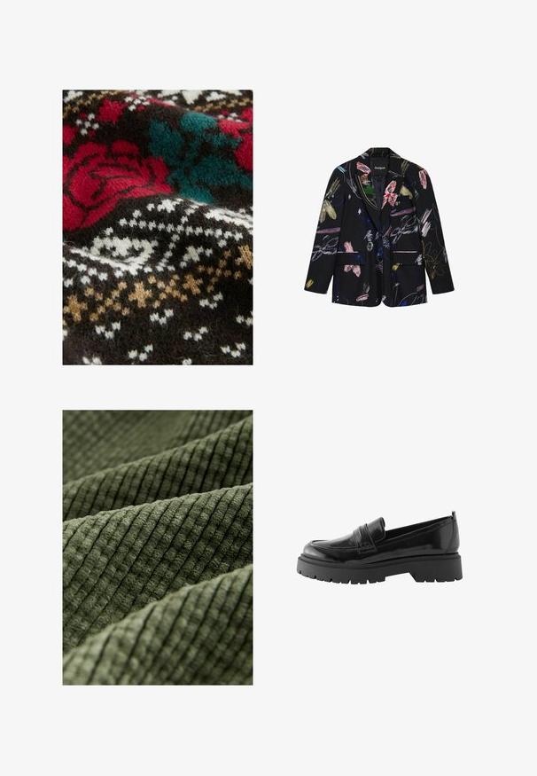 Sort blazer med farverige abstrakte blomster- og penselstrøgsmønstre, to forlommer med klap og en notch reverskrave.; Strikket tekstil med en mørkebrun bund, prydet med røde, teal og hvide blomster- og geometriske mønstre. Blød, fnugget tekstur ses tydeligt.; Olivenfarvet tekstureret stof med fremtrædende lodrette ribber; blød tekstur, synlige folder og subtil glans forstærker dybde og dimension.; Sorte lakerede loafers har en lav platformssål med en robust træd og en quiltet detalje over midtfoden.