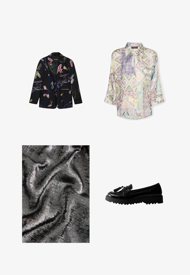 Zwarte blazer met kleurrijke abstracte bloemen- en penseelstreekpatronen, twee voorflapzakken en een reverskraag met inkeping.; Gedrukte blouse met een mix van pastelkleurige geometrische patronen, een geplooide kraag en los vallende mouwen. Gemaakt van lichtgewicht stof.; Zwarte en zilveren geweven stof met een glanzende afwerking, met gladde, vloeiende golven en een subtiele glans.; Zwarte gepatineerde leren loafers met een dikke zool, voorzien van een kwastje en een ronde neus. Duurzaam ontwerp met een gladde textuur.