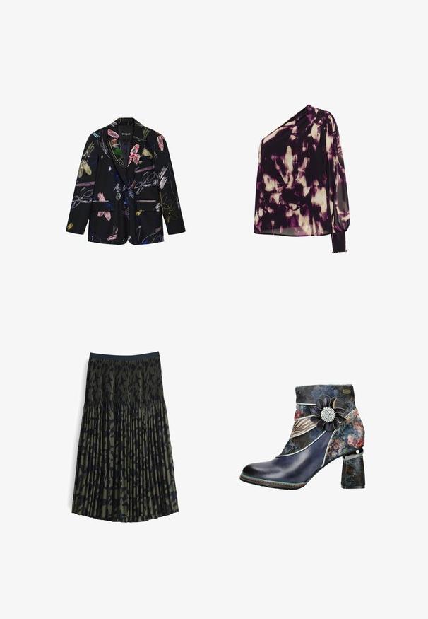 Schwarzer Blazer mit bunten abstrakten Blumen- und Pinselstrichmustern, zwei vorderen Klappentaschen und einem Revers mit Kerbkragen.; Ein schulterfreies, locker sitzendes Blusenshirt aus durchsichtigem Stoff, das mit einem lila- und cremefarbenen abstrakten Muster sowie Raffung am Ärmelabschluss versehen ist.; Faltenrock in Dunkelgrün mit schwarzem Leopardenmuster. Elastischer Bund, leichtem Stoff und fließendem Design. Ausgestellte Silhouette.; Stiefelette mit glänzender, dunkelblauer Lederzehe und einem floral gemusterten Obermaterial, verziert mit einer dekorativen Blume und einem strukturierten Blockabsatz.