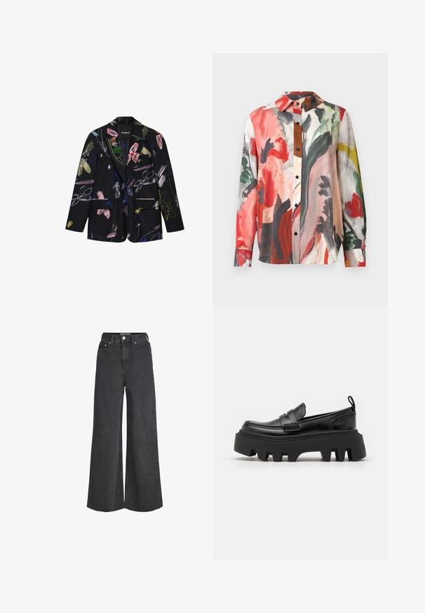 Sort blazer med farverige abstrakte blomster- og penselstrøgsmønstre, to forlommer med klap og en notch reverskrave.; Langærmet skjorte lavet af letvægtsstof med et farverigt abstrakt tryk i røde, grønne og beige toner; sorte knapper og en spredt krave.; Sorte jeans med høj talje og vide ben, lukkes foran med knap og lynlås, forlommer og frynset kant.; Sorte læder loafers med en kraftig sort gummisål, der har skridsikre riller og et dekorativt bånd over forsiden.
