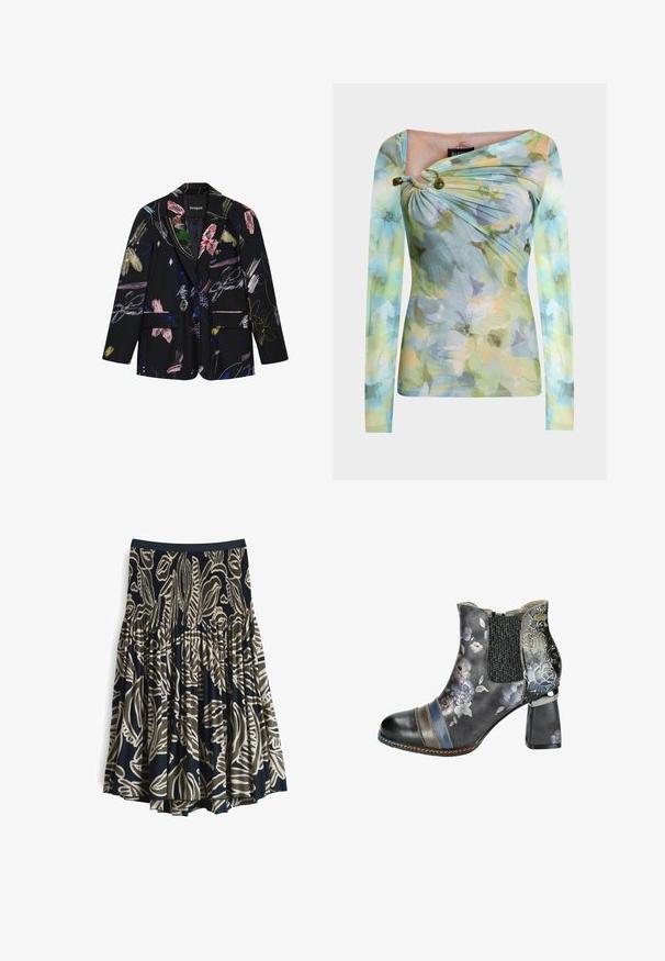 Schwarzer Blazer mit bunten abstrakten Blumen- und Pinselstrichmustern, zwei vorderen Klappentaschen und einem Revers mit Kerbkragen.; Eng anliegendes Langarmoberteil mit pastellfarbenem Blumenmuster, asymmetrischem Ausschnitt, der auf der linken Schulter mit zwei grünen Perlen gerafft ist.; Schwingender Rock aus navy-blauem Stoff mit einem auffälligen beigen botanischen Muster. Elastischer Taillenbund und plissiertes Design sorgen für Volumen. Leichte Textur.; Schwarze Knöchelbooties mit floralem Muster, elastischen Seitenpaneelen und Blockabsatz. Sie verfügen über mehrfarbige Streifen und dekorative Nähte.