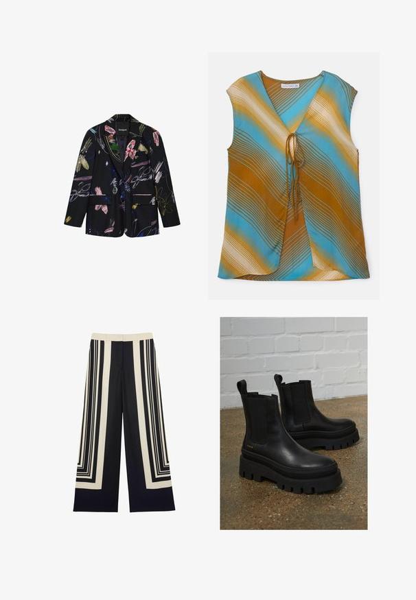 Zwarte blazer met kleurrijke abstracte bloemen- en penseelstreekpatronen, twee voorflapzakken en een reverskraag met inkeping.; Multicolore mouwloze top in blauw, bruin en crème met golvende strepen. Heeft een V-halslijn en een strikdetail aan de voorkant.; Broek met wijde pijpen en zwart-crème geometrisch verticaal en rechthoekig streeppatroon, platte voorkant en tailleband.; Zwarte leren enkellaarzen met elastische zijkanten, dikke zwarte plateauzolen en stiksels, met een instaplus voor eenvoudig aan- en uittrekken.