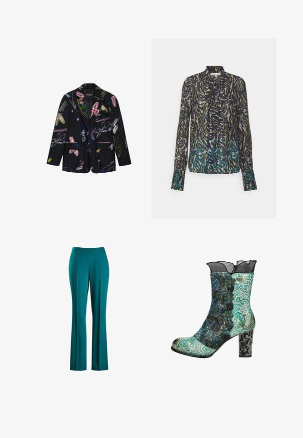Sort blazer med farverige abstrakte blomster- og penselstrøgsmønstre, to forlommer med klap og en notch reverskrave.; Patrizia Pepe CAMICIA - Skjortebluser - dark multicolor; Teal vide bukser med en glat tekstur, tætsiddende talje og frontfolder, designet til en flydende silhuet, lavet af letvægtsstof.; Ankelstøvle med et mønstret overdel i turkis og sort, blomstrede detaljer og en sort blondekant. Har en dekorativ høj hæl med intrikat design.