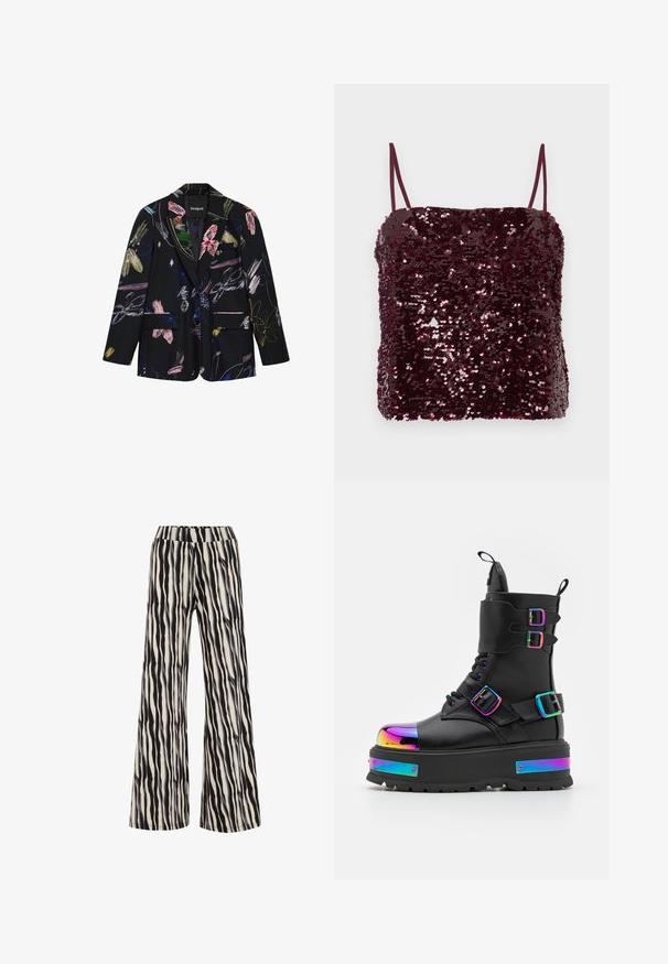 Zwarte blazer met kleurrijke abstracte bloemen- en penseelstreekpatronen, twee voorflapzakken en een reverskraag met inkeping.; Bordeaux rode top met pailletten en dunne spaghettibandjes; rechthoekige vorm met een iets losse pasvorm; glanzende textuur door honderden kleine pailletten.; Voorzien van een zwart-wit tijgerstrepenpatroon, zijn deze wide-leg broeken gemaakt van een gestructureerde stof met een elastische tailleband.; Koi Footwear COSMIC FIRE METAL PLATFORM BOOTS - Veterboots - black/multi-coloured