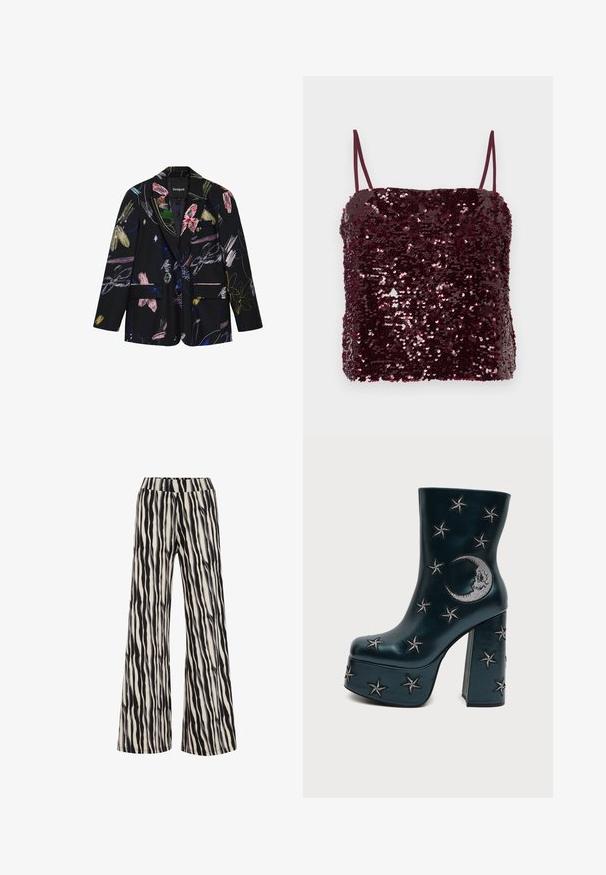 Zwarte blazer met kleurrijke abstracte bloemen- en penseelstreekpatronen, twee voorflapzakken en een reverskraag met inkeping.; Bordeaux rode top met pailletten en dunne spaghettibandjes; rechthoekige vorm met een iets losse pasvorm; glanzende textuur door honderden kleine pailletten.; Voorzien van een zwart-wit tijgerstrepenpatroon, zijn deze wide-leg broeken gemaakt van een gestructureerde stof met een elastische tailleband.; Zwarte plateau enkellaars met blokhak, versierd met zilveren geborduurde sterren en een halve maan aan de zijkant.