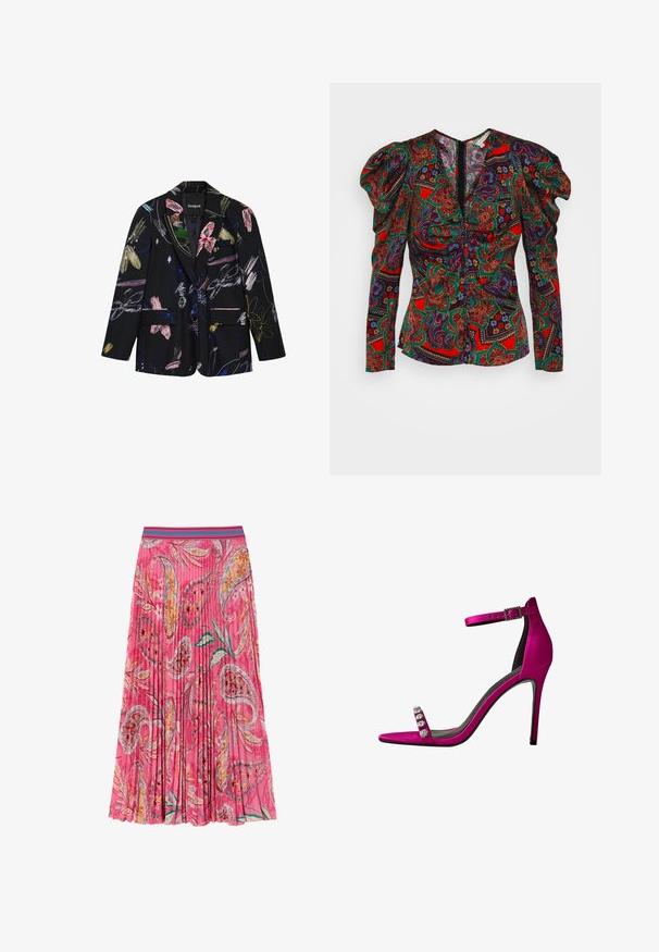 Sort blazer med farverige abstrakte blomster- og penselstrøgsmønstre, to forlommer med klap og en notch reverskrave.; Veronica Beard SIMMONS - Bluse - flame red multi; Lyserød plisseret nederdel med blomster- og paisleymønstre, med en kontrasterende turkise stribet talje. Lavet af letvægtsstof.; Fuchsia satin højhælede sandaler med åben tå, slank ankelrem og dekorativt rhinstenemblem på forsiden.