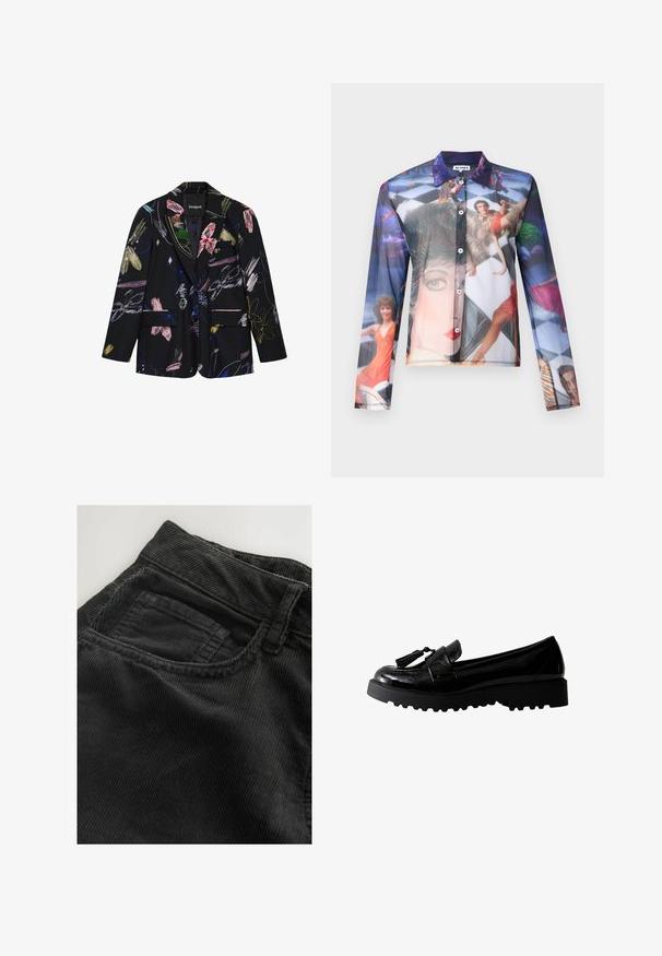 Zwarte blazer met kleurrijke abstracte bloemen- en penseelstreekpatronen, twee voorflapzakken en een reverskraag met inkeping.; Transparante blouse met een kleurrijke fotoprint van mensen in dynamische poses, met een klassieke kraag en lange mouwen.; Zwarte corduroy broeken met horizontale ribbels, een tailleband en een klein voorvak, met een zachte textuur en stevige stiksels.; Zwarte gepatineerde leren loafers met een dikke zool, voorzien van een kwastje en een ronde neus. Duurzaam ontwerp met een gladde textuur.