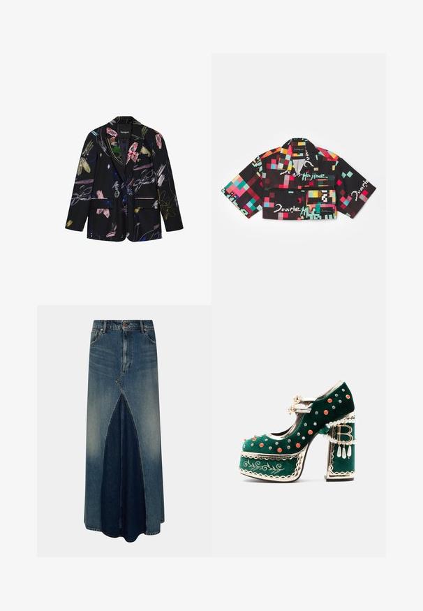 Zwarte blazer met kleurrijke abstracte bloemen- en penseelstreekpatronen, twee voorflapzakken en een reverskraag met inkeping.; Korte mouw cropped shirt van zwarte stof, met een pixelachtig patroon in levendige kleuren en tekstaccenten. Inclusief een borstzak.; Blauwe denim maxi-rok met een voor-invertpleat, riemlussen, knoop- en ritssluiting, en vervaagde wasdetails.; Groene fluwelen platformschoen met decoratieve rode en zilveren studs, parelriemen, gouden biezen, borduurwerk en een blokhak met hangende parels en een "B" bedel.