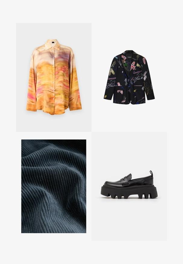 Schwarzer Blazer mit bunten abstrakten Blumen- und Pinselstrichmustern, zwei vorderen Klappentaschen und einem Revers mit Kerbkragen.; Seidenhemd mit Knopfleiste, das ein abstraktes Muster in den Farbtönen Orange, Pink und Lila aufweist, mit einem klassischen Kragen und langen Ärmeln.; Dunkelblauer, gerippter Stoff mit vertikalen Linien und einer weichen Textur, die sanft in Wellen über die Oberfläche drapiert ist.; Schwarze Lederloafer mit einer massiven schwarzen Gummisohle, ausgestattet mit rutschfesten Rillen und einem dekorativen Riemen über der Vorderseite.