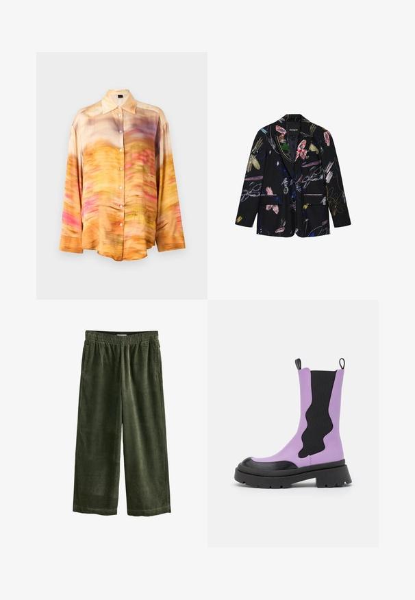 Sort blazer med farverige abstrakte blomster- og penselstrøgsmønstre, to forlommer med klap og en notch reverskrave.; Silk skjorte med knapper og et abstrakt mønster i nuancer af orange, pink og lilla med spredt krave og lange ærmer.; Mørkegrønne vidde manchesterbukser med elastisk linning og sidelommer, vist mod en hvid baggrund.; NA-KD WAVY ELASTIC BOOTS - Plateaustøvler - black/purple