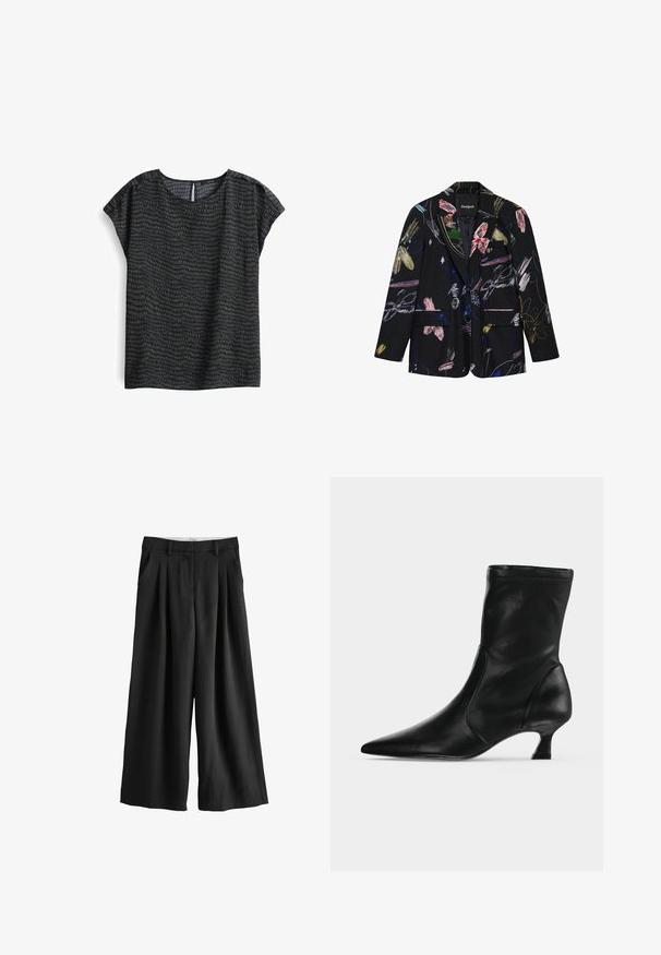 Zwarte blazer met kleurrijke abstracte bloemen- en penseelstreekpatronen, twee voorflapzakken en een reverskraag met inkeping.; Donkere blouse met een patroon, voorzien van een ronde halslijn, korte mouwen en een subtiele textuur met een abstract ontwerp in tinten groen en grijs.; Zwarte broek met wijde pijpen, plooien, zijzakken, riemlussen en een nette voorzijde, weergegeven op een witte achtergrond.; Zwarte leren midkuitlaars met spitse neus en lage kittenhak, zijaanzicht op een effen lichte achtergrond.