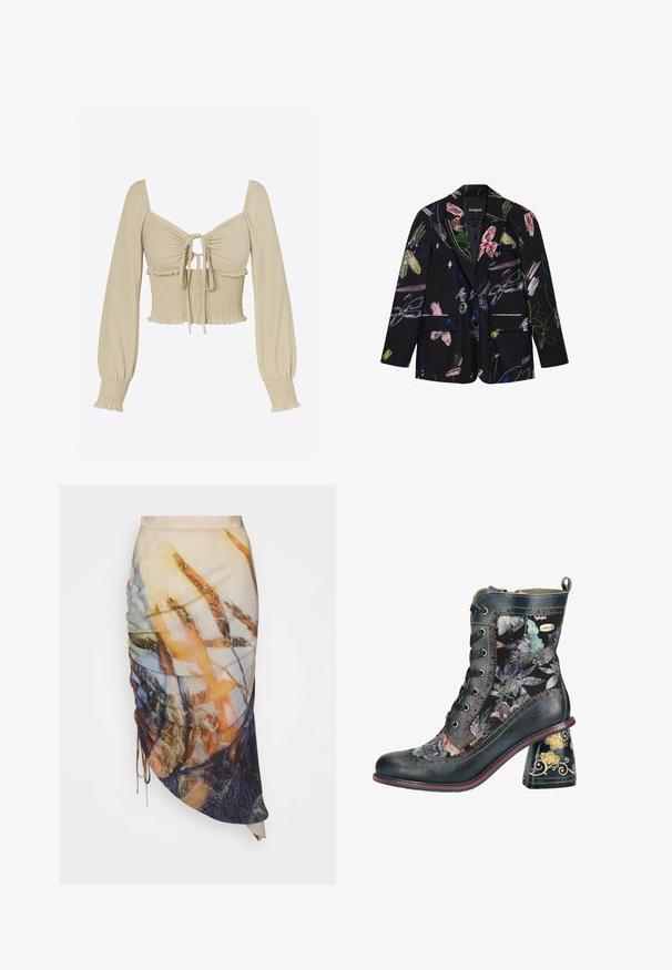 Sort blazer med farverige abstrakte blomster- og penselstrøgsmønstre, to forlommer med klap og en notch reverskrave.; Lysebeige cropped top i glat stof; har lange, puffede ærmer, ét sammentrukket bryst med bindefront og smockdetalje ved taljen.; Materiel DIAGONAL GATHERED SKIRT - Pencil skirt - golden hour; Snørestøvle til anklen med blomstrede stofpaneler, mørke læderkanter, flerfarvet syning og en dekoreret blokhæl med gyldne blomsterudsmykninger.