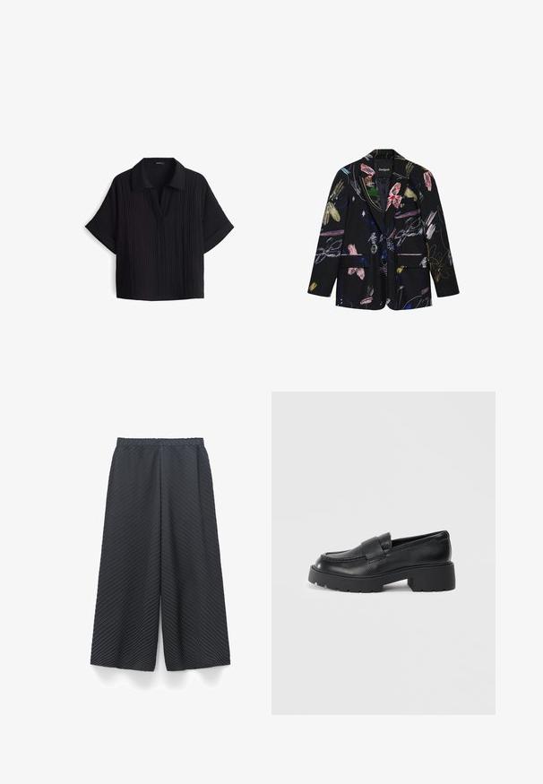 Zwarte blazer met kleurrijke abstracte bloemen- en penseelstreekpatronen, twee voorflapzakken en een reverskraag met inkeping.; ZwarteT-shirt met korte mouwen en een kraaghalslijn, gemaakt van een textuur- en ribstof en met een losse pasvorm. Geen zichtbare sluitingen.; Zwarte geplooide culottes met een getextureerd golfpatroon, voorzien van een elastische tailleband en brede pijpen voor comfort en bewegingsvrijheid.; Zwarte leren instappers met een gestructureerde afwerking, voorzien van een rechthoekige band over de voorkant en een robuuste, gegroefde zool.