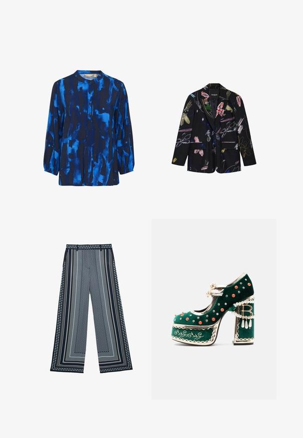 Blazer negro con patrones florales abstractos y pinceladas de colores, dos bolsillos delanteros con solapa y cuello con muesca.; Blusa de manga larga en azul oscuro con patrones abstractos en azul claro, cuello redondo y cierre de botones, hecha de una tela suave con una textura lisa.; Pantalones de pierna ancha de color azul marino con patrones geométricos verticales y rectangulares en blanco y beige, con pequeños motivos de medias lunas y rayas.; Zapato de plataforma de terciopelo verde con tachuelas decorativas rojas y plateadas, tiras de perlas, ribete dorado, bordado y un tacón de bloque con perlas colgantes y un colgante "B".
