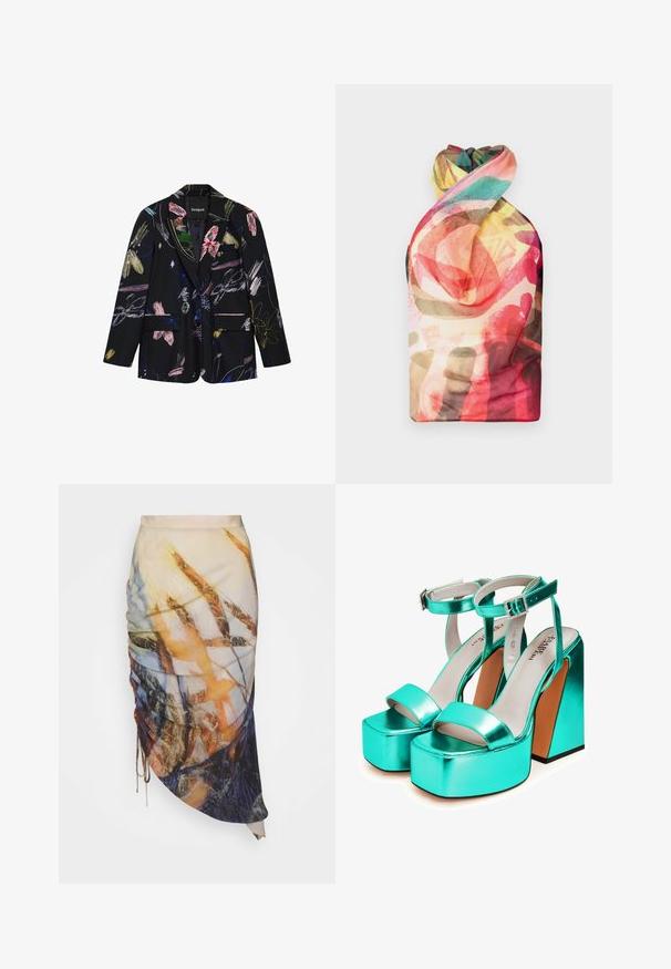 Zwarte blazer met kleurrijke abstracte bloemen- en penseelstreekpatronen, twee voorflapzakken en een reverskraag met inkeping.; Paolina Russo WRAPPED HALTER - Top - acid brown; Materiel DIAGONAL GATHERED SKIRT - Kokerrok - golden hour; Turkoise metallic plateau sandalen met een chunky hak. Voorzien van een brede voorkantband en een enkelband met een decoratieve gesp. Gladde textuur.