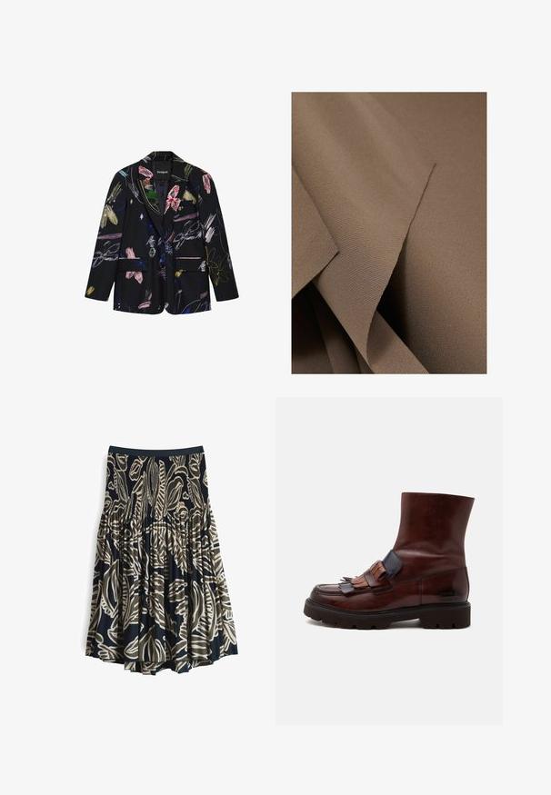 Zwarte blazer met kleurrijke abstracte bloemen- en penseelstreekpatronen, twee voorflapzakken en een reverskraag met inkeping.; Reiss REGULAR FIT - ONE SHOULDER DRAPED - Top - mink; Uitlopende rok van marineblauw stof met een gedurfde beige botanische print. Elastische tailleband en geplooid ontwerp zorgen voor volume. Lichtgewicht textuur.; Donkerbruine leren enkellaars met een chunky zwarte zool, franjes en riemdetail aan de voorkant en een gladde, afgeronde neus.