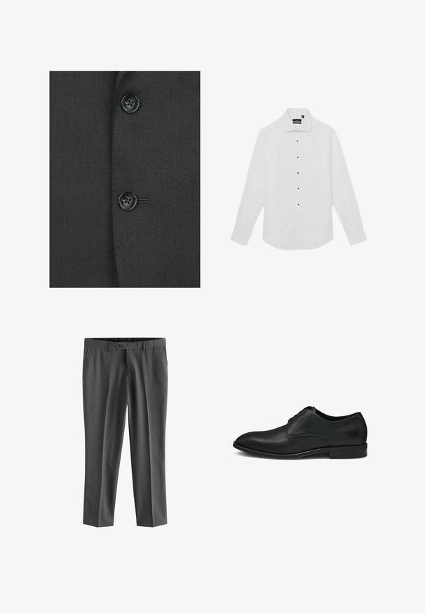 Tissu gris foncé avec une texture lisse, comportant deux boutons noirs et un léger détail de couture sur la partie avant d'un blazer.; Chemise blanche à manches longues avec un col classique, dotée de boutons noirs sur le devant et de poignets boutonnés. Texture de tissu lisse.; Next REGULAR FIT - Pantalon de costume - charcoal grey; Chaussure habillée en cuir noir avec une finition lisse, un bout arrondi et un laçage à cinq oeillets, agrémenté de subtils accents de couture.
