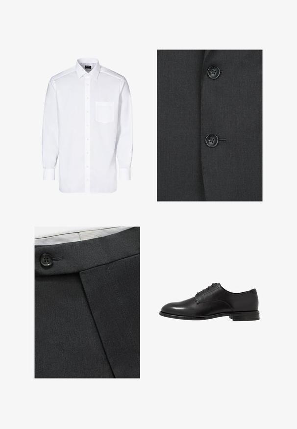 Donkergrijze stof met een gladde textuur, uitgerust met twee zwarte knopen en subtiele stiksels op de voorkant van een blazer.; Witte overhemdd met lange mouwen, knoopsluiting aan de voorkant, één borstzak, klassieke kraag en een gladde textuur.; Zwarte op maat gemaakte broek van een gladde stof, met knoopdetail op de tailleband en een geplooid ontwerp voor een gestructureerde vorm.; Zwarte leren dresschoen met een gladde afwerking, ronde neus, zes oogjes en een lage gestapelde hak. Eenvoudig, klassiek ontwerp.