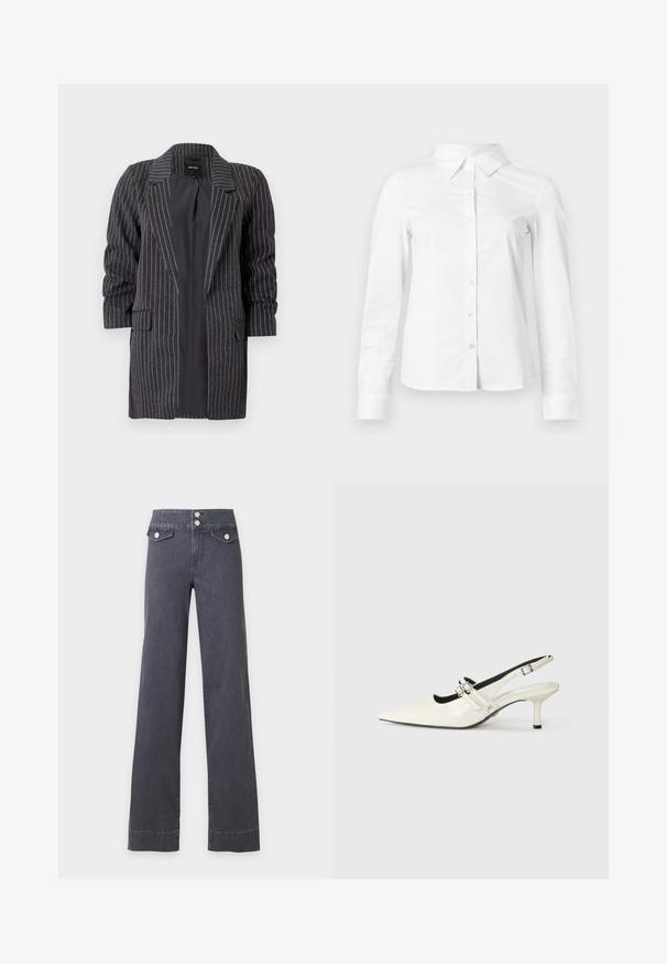 Mørkegrå blazer med hvide striber, skrå lapeller, lange ærmer og to frontlommer; textured stof med en blød finish.; Hvid skjorte med lange ærmer, knapper, spids krave, lige kant og tætsiddende silhuet, vist på en ensartet lys baggrund.; Mørkegrå jeans med høj talje og vide ben, med to forlommer med klap og sølvfarvede knapper på ensfarvet baggrund.; Spidse slingback sko i blank hvid læder med to justerbare spænder og en 6 cm stiletto hæl.